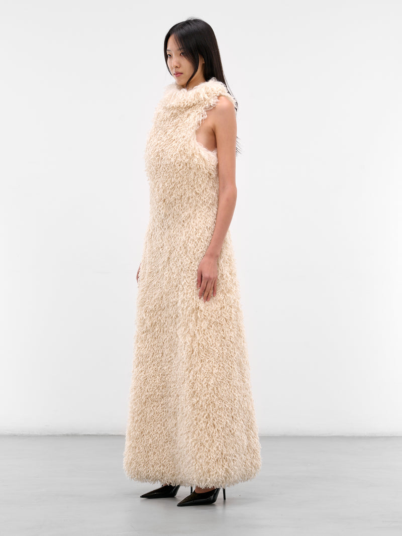 White Fur Feather Maxi Dress (D001-FUR-FEATHER-WHITE)