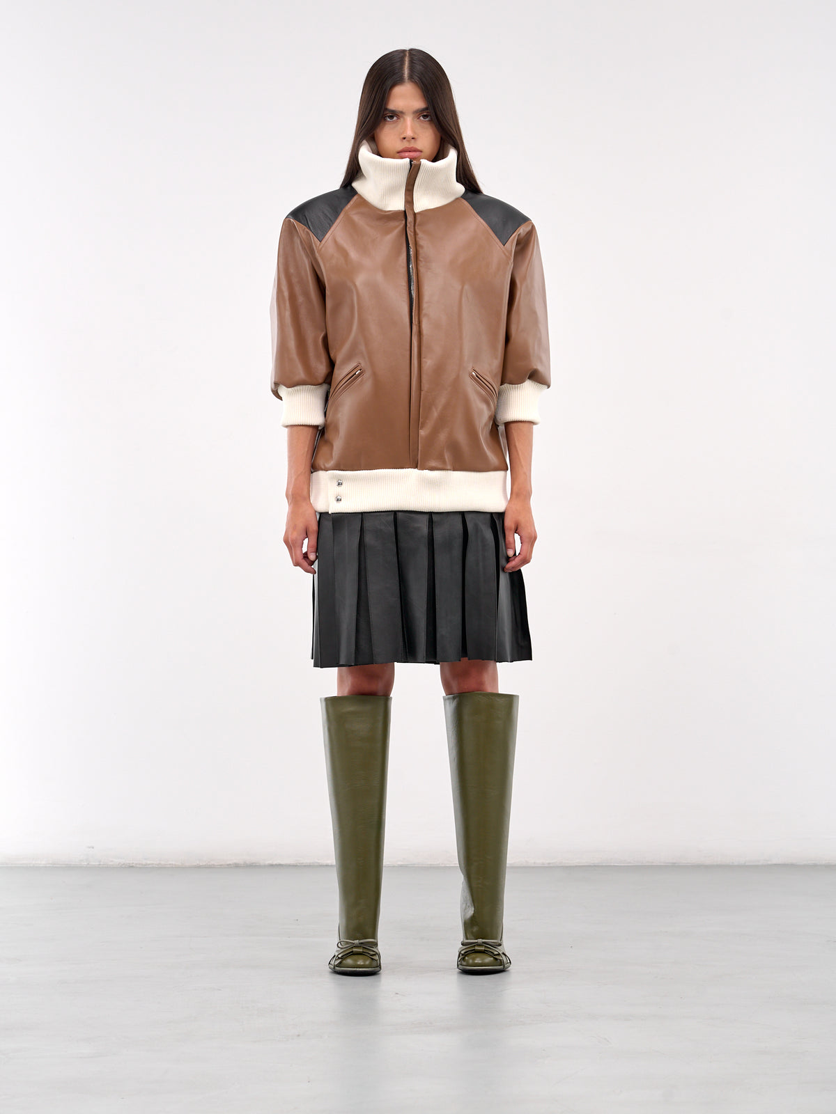 Leather Bomber Dress (D023-BROWN-BLACK-WHITE)