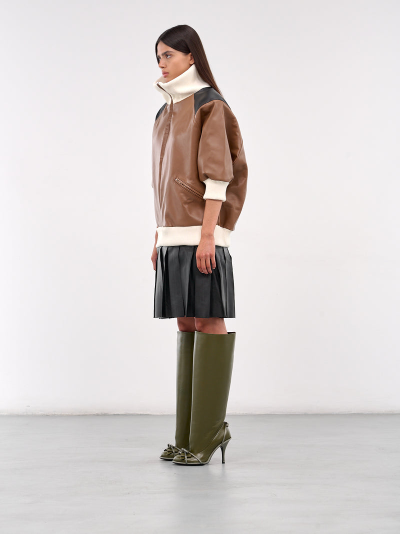 Leather Bomber Dress (D023-BROWN-BLACK-WHITE)