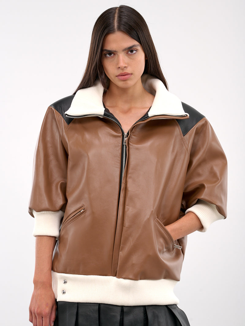 Leather Bomber Dress (D023-BROWN-BLACK-WHITE)