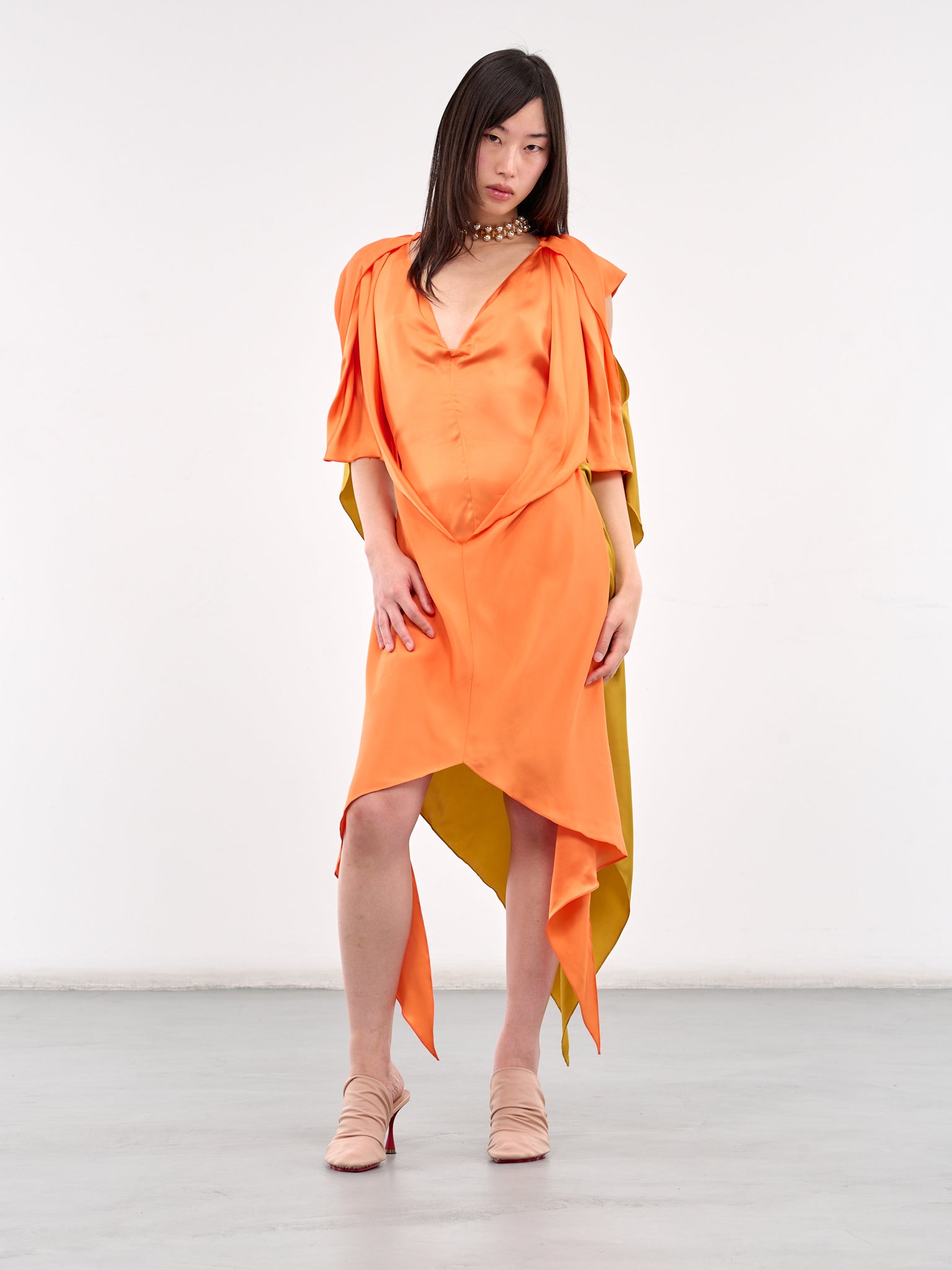 Fornax Draped Midi Dress (D04-58-VIVID-ORANGE) Fornax Draped Midi Dress (D04-58-VIVID-ORANGE)