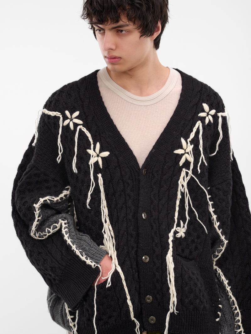 Black Deconstructed Floral Knit Cardigan (DC-NS-KN-05-BLACK)