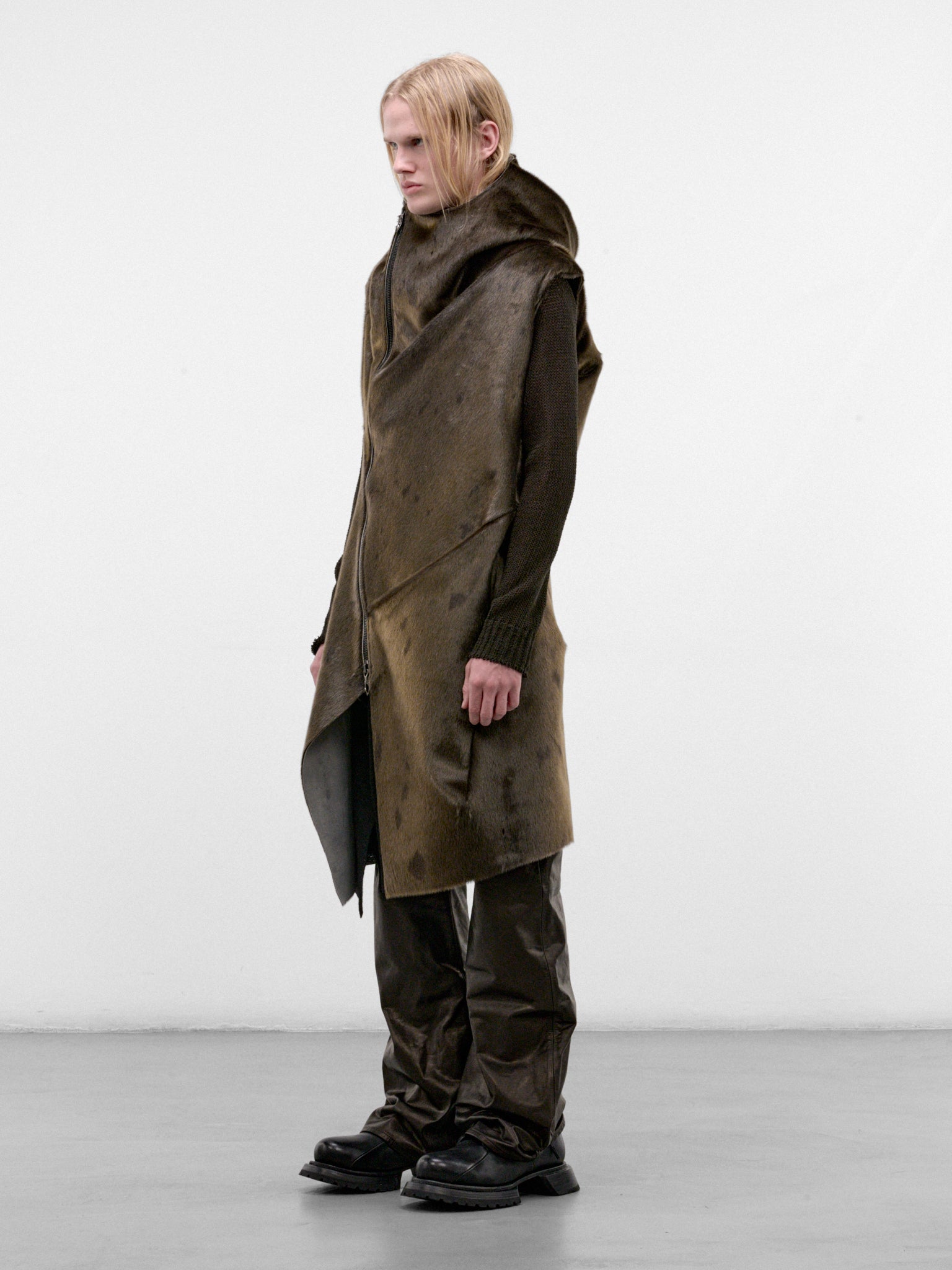 Olive Leather Distortion Curved Vest (DIS-M-CHVST-01-OLIVE-GREEN-BLA)