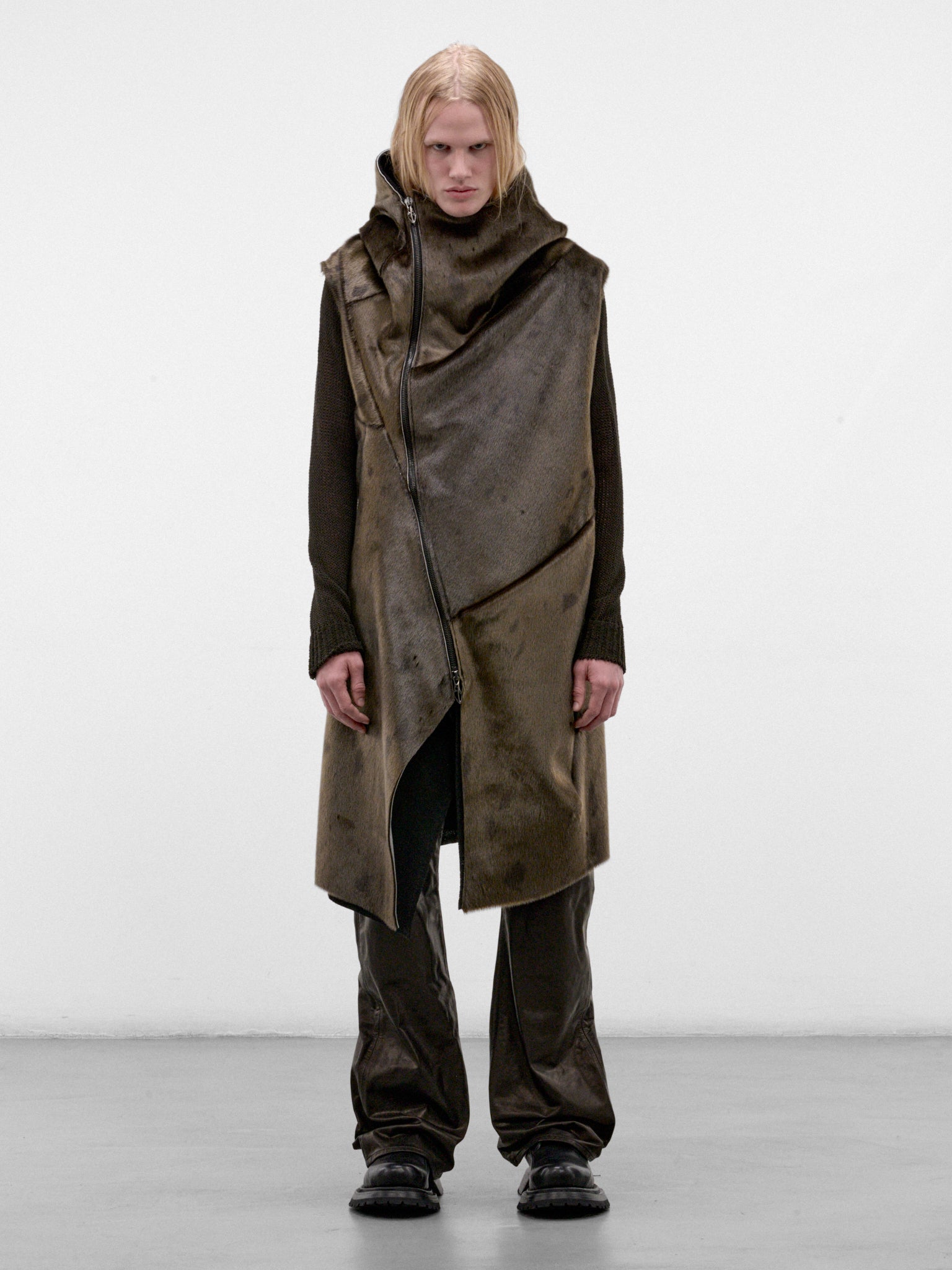 Olive Leather Distortion Curved Vest (DIS-M-CHVST-01-OLIVE-GREEN-BLA)