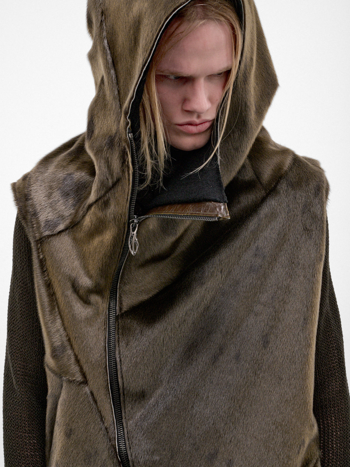 Olive Leather Distortion Curved Vest (DIS-M-CHVST-01-OLIVE-GREEN-BLA)