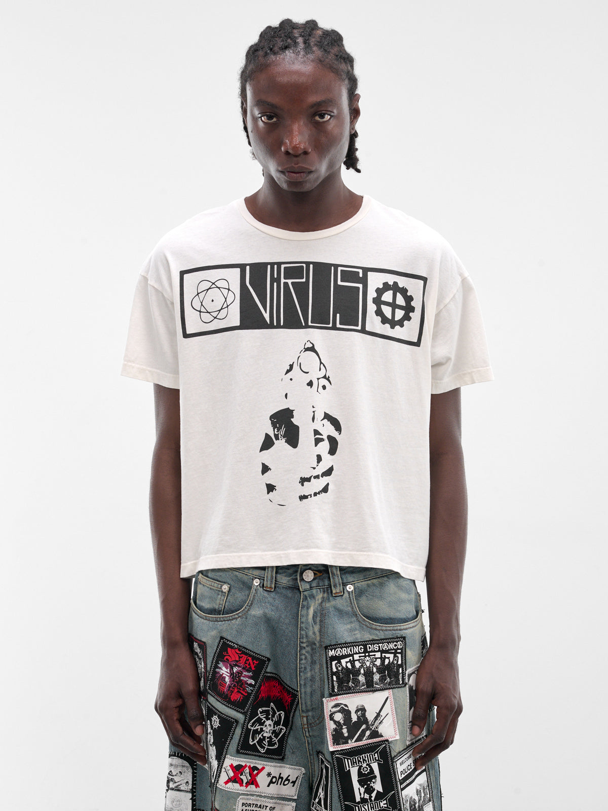 MARKING DISTANCE White Distressed Virus Tee | H.Lorenzo - front