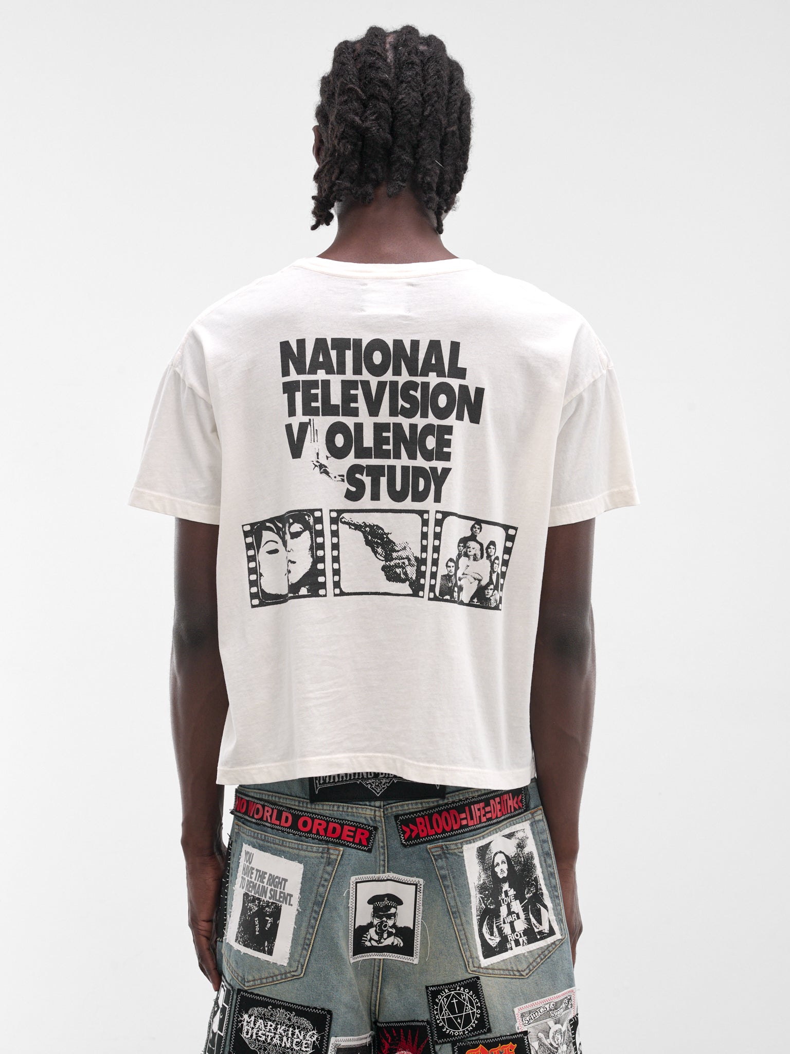 MARKING DISTANCE White Distressed Virus Tee | H.Lorenzo - back