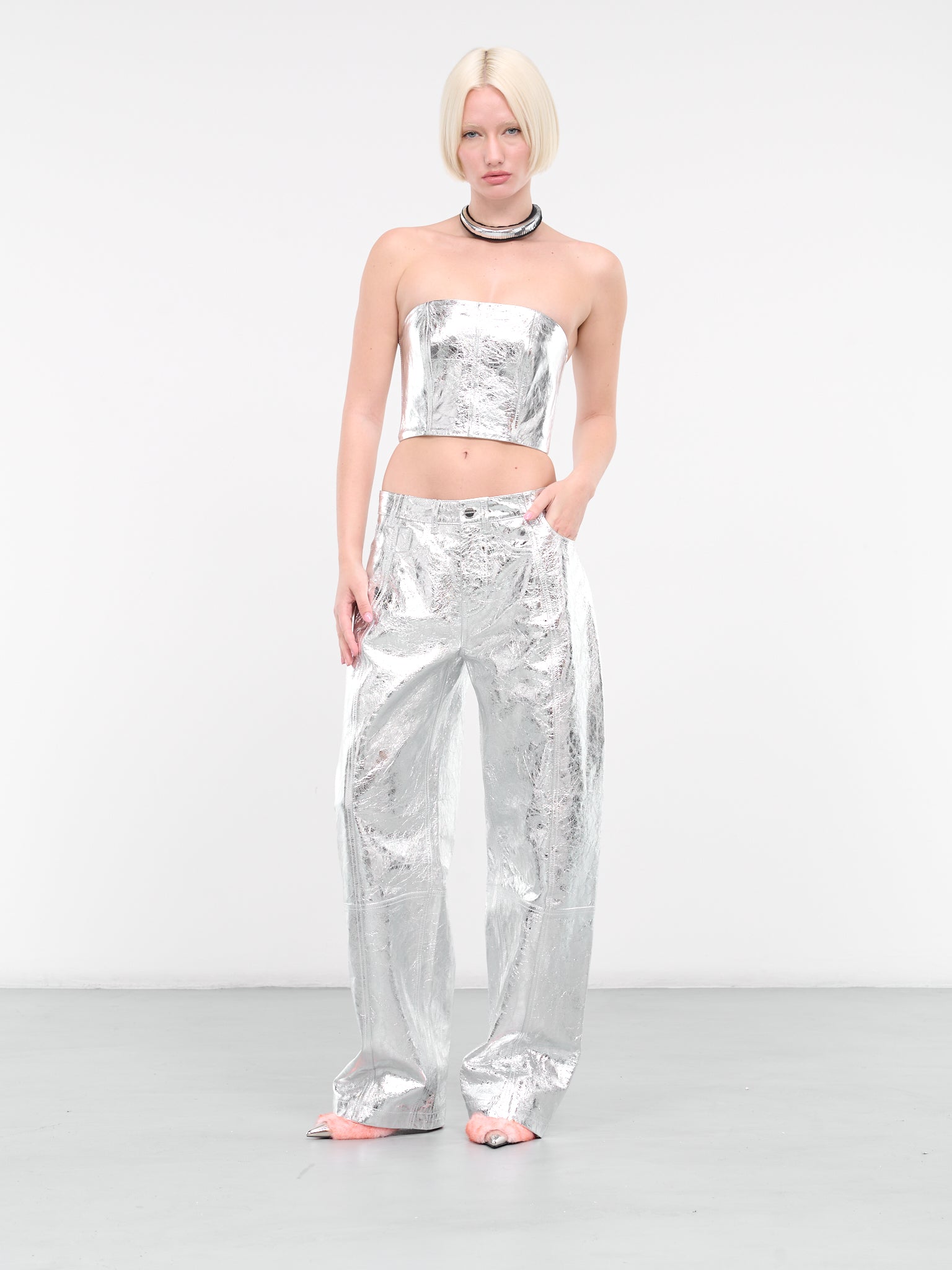 Metallic Leather Trousers (DK19TR-SILVER)