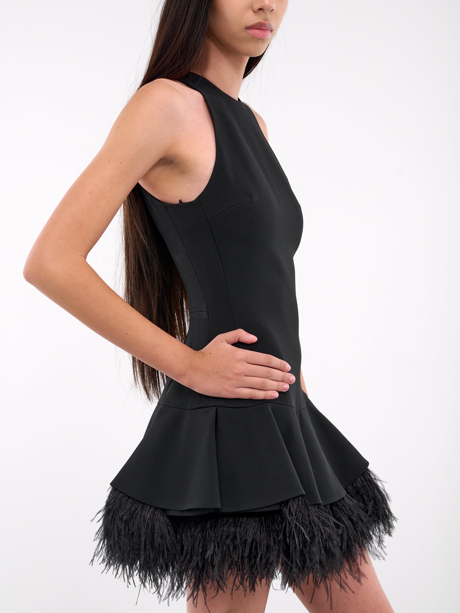 feather trim mini dress David Koma FEATHER TRIM MINI DRESS IN Black Black / UK 8