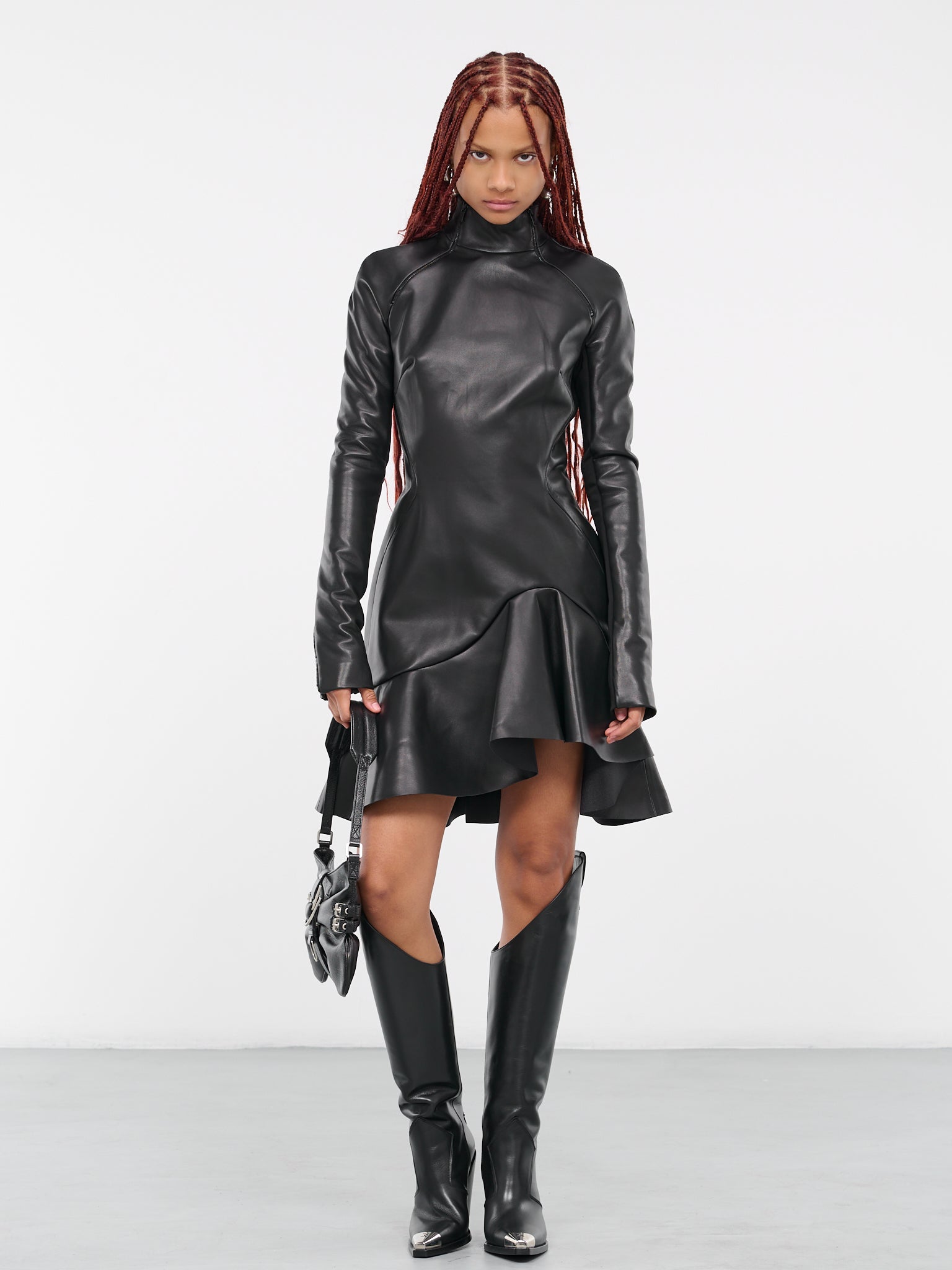 Leather Ruffle Mini Dress (DK40D-BLACK)