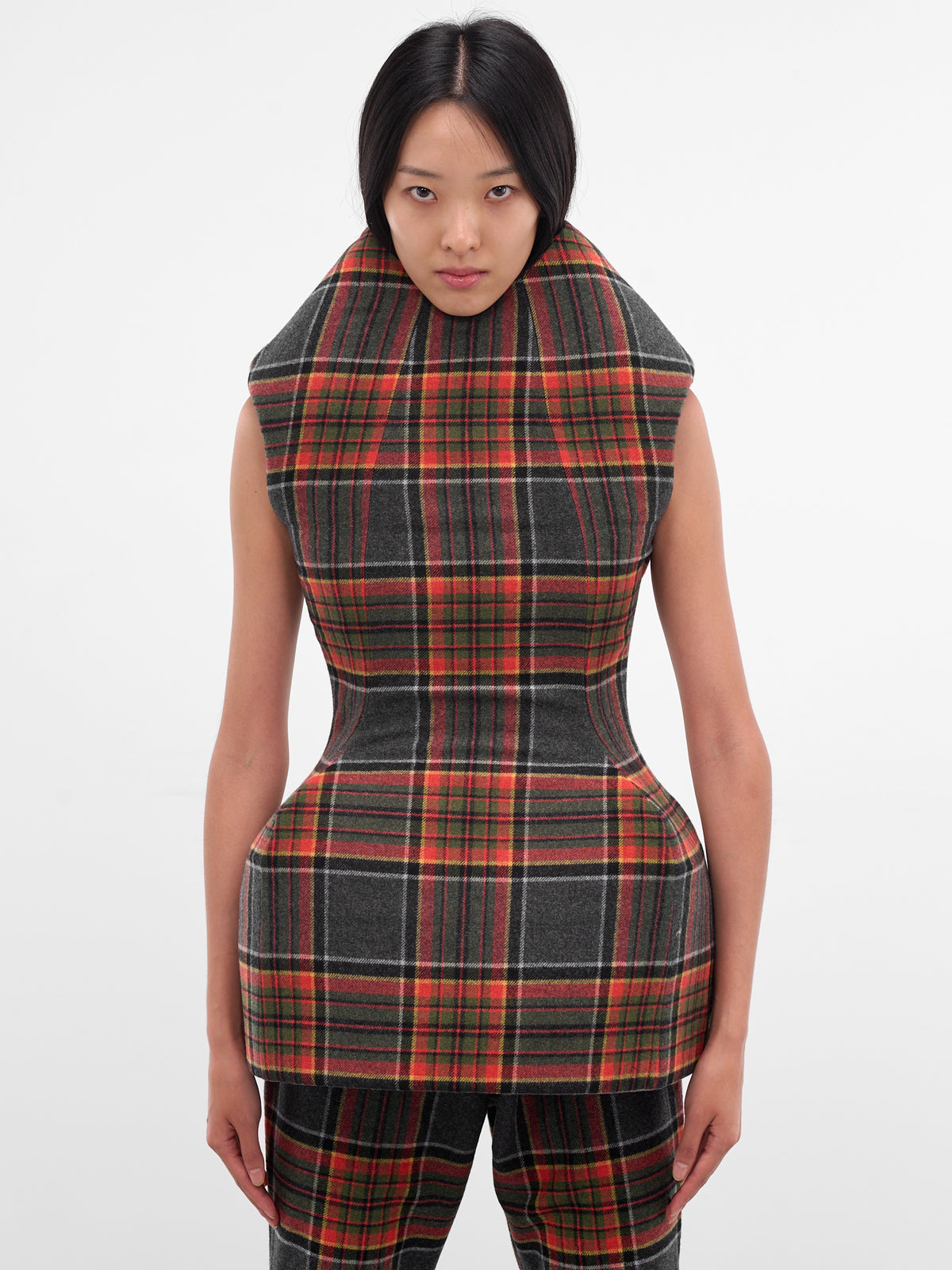 Tartan Sculptural Padded Mini Dress (DR01996-5029-ORANGE-GREY)