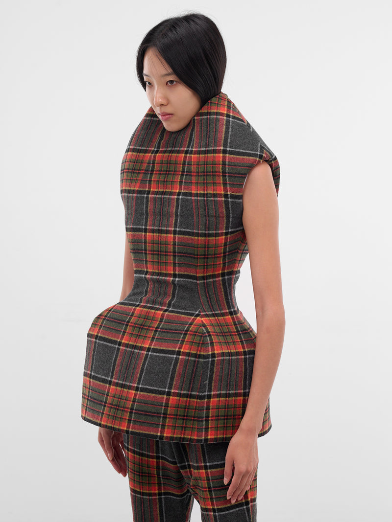 Tartan Sculptural Padded Mini Dress (DR01996-5029-ORANGE-GREY)