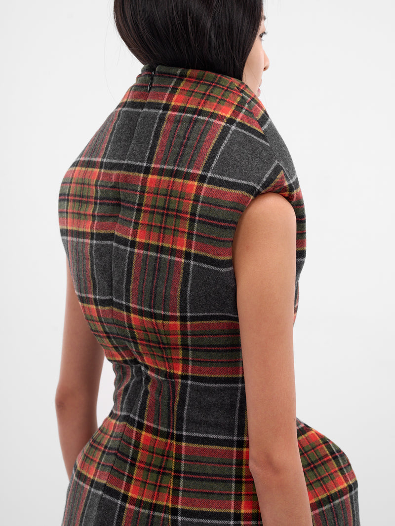 Tartan Sculptural Padded Mini Dress (DR01996-5029-ORANGE-GREY)
