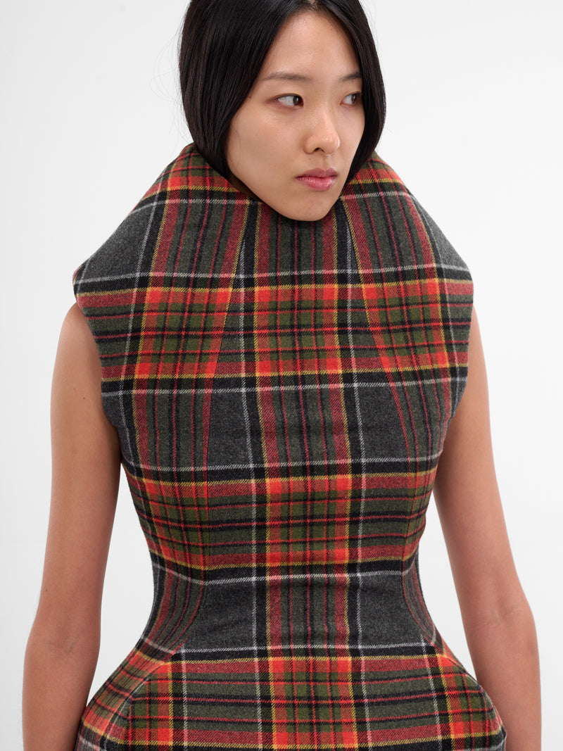 Tartan Sculptural Padded Mini Dress (DR01996-5029-ORANGE-GREY)