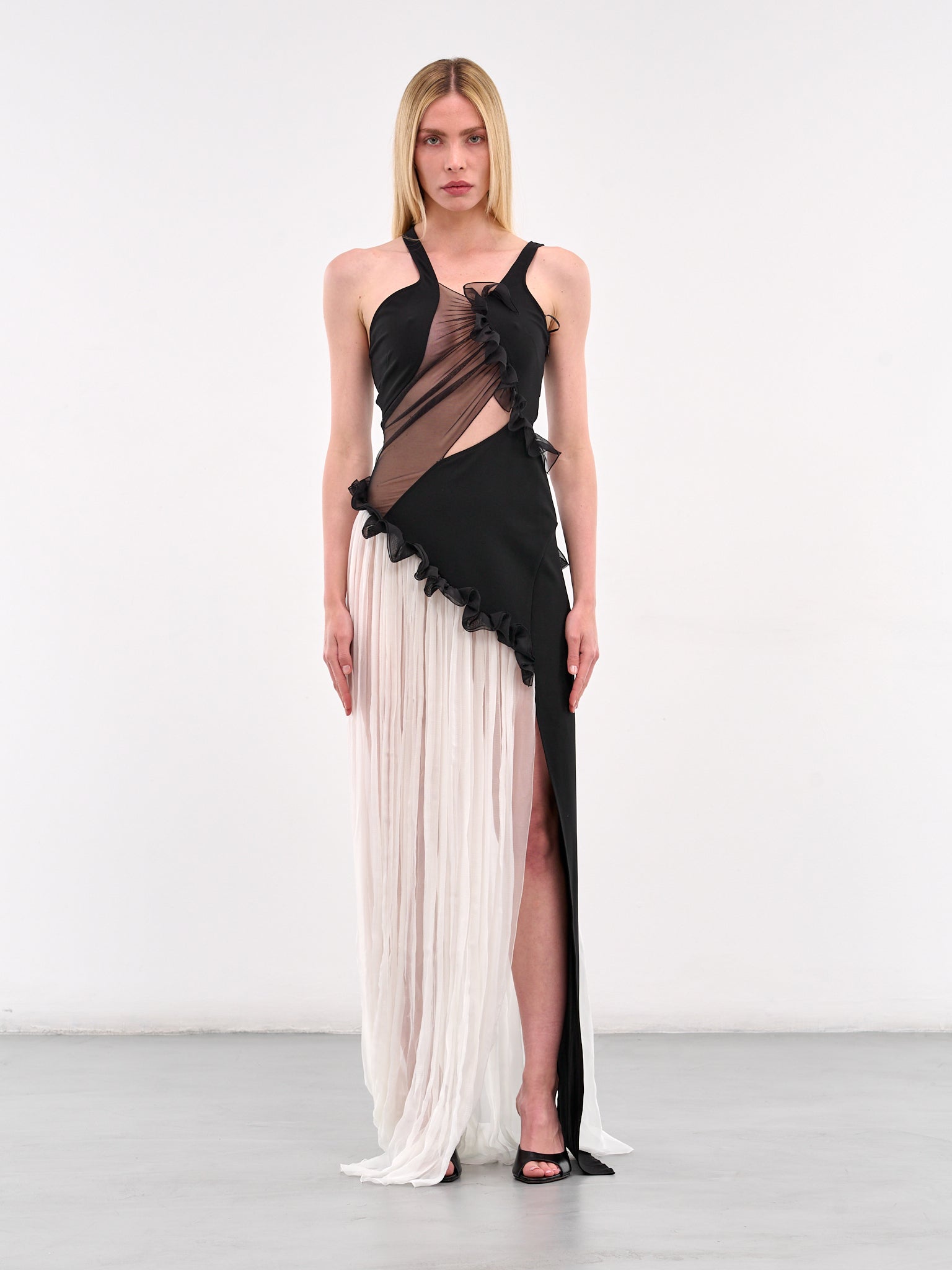 NENSI DOJAKA | H.Lorenzo|Asymmetric Frilled Maxi Dress (DR262-SHOW-BLACK-WHITE) NENSI DOJAKA | H.Lorenzo|Asymmetric Frilled Maxi Dress (DR262-SHOW-BLACK-WHITE)