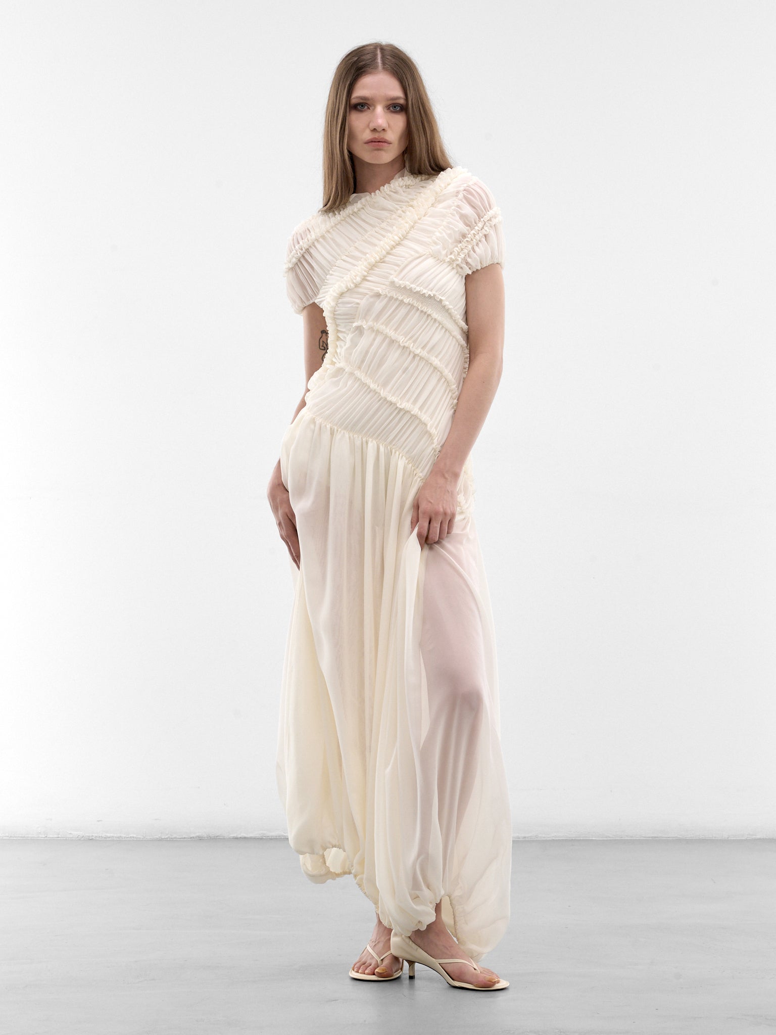 Cream Silk Draped Ruching Dress (DRESS-06-CREAM)