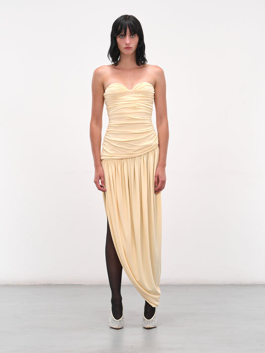 magda butrym cream dress Off-shoulder maxi dress with adjustable skirt in cream