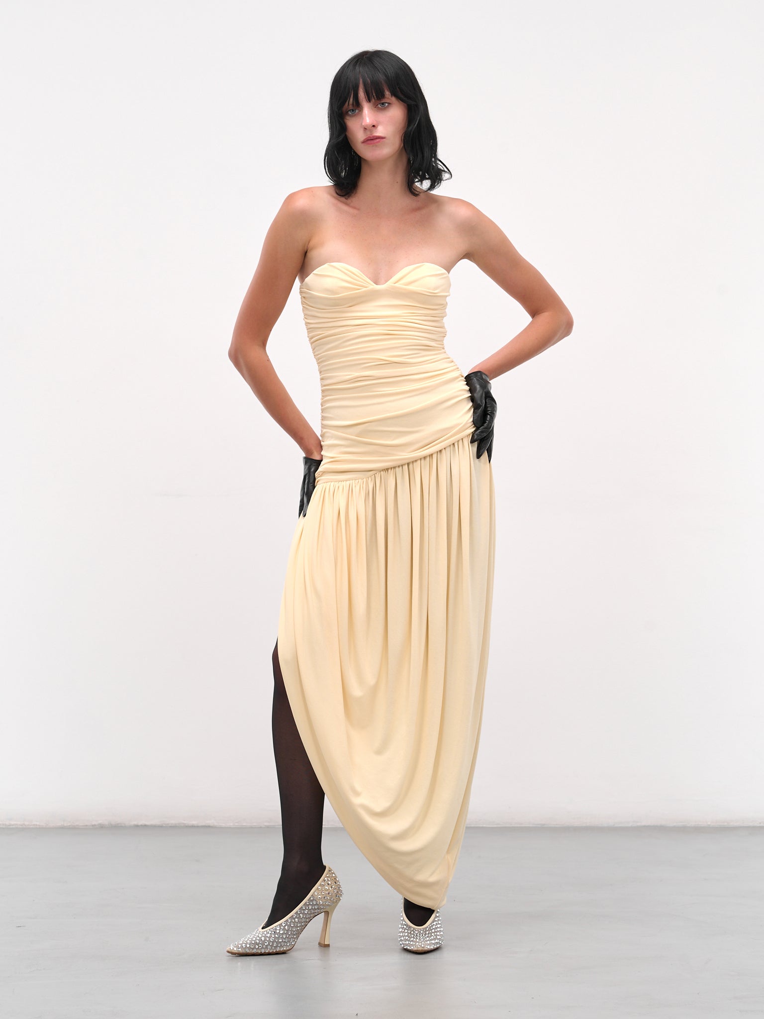 draped cream dress Iberia Cream Asymmetric-Neck Maxi Dress With Draped Detail Club L London