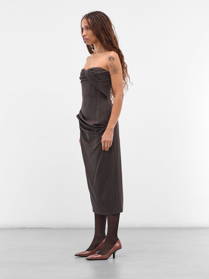 Brown Pinstripe Wool Strapless Dress (DRESS-16-BROWN-STRIPES)