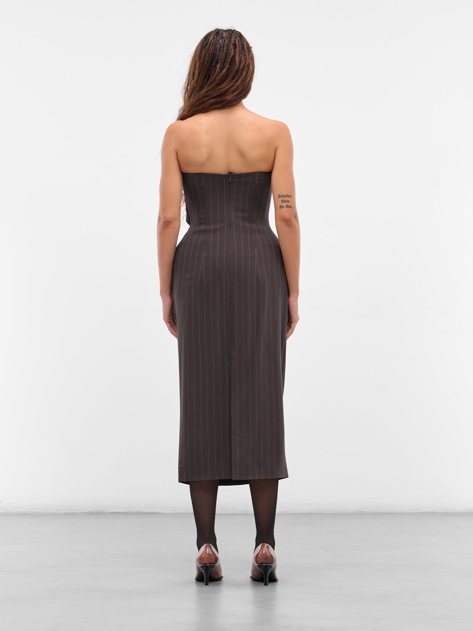 Brown Pinstripe Wool Strapless Dress (DRESS-16-BROWN-STRIPES)