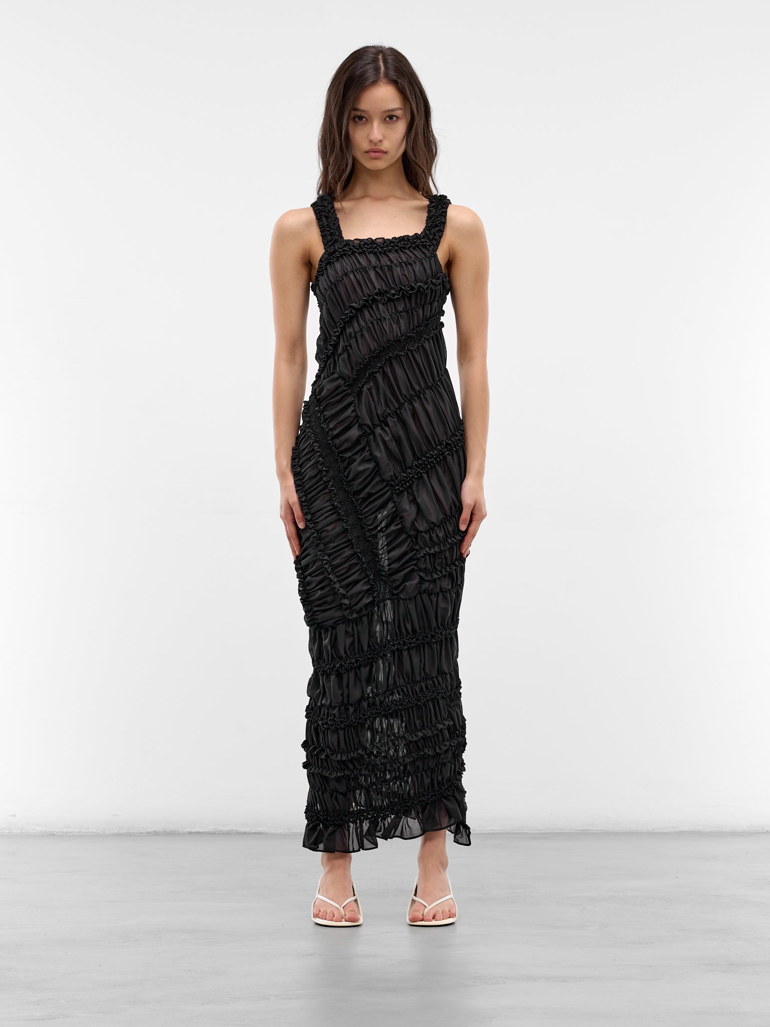 Black Cotton Ruffle Ruching Dress (DRESS25-BLACK)
