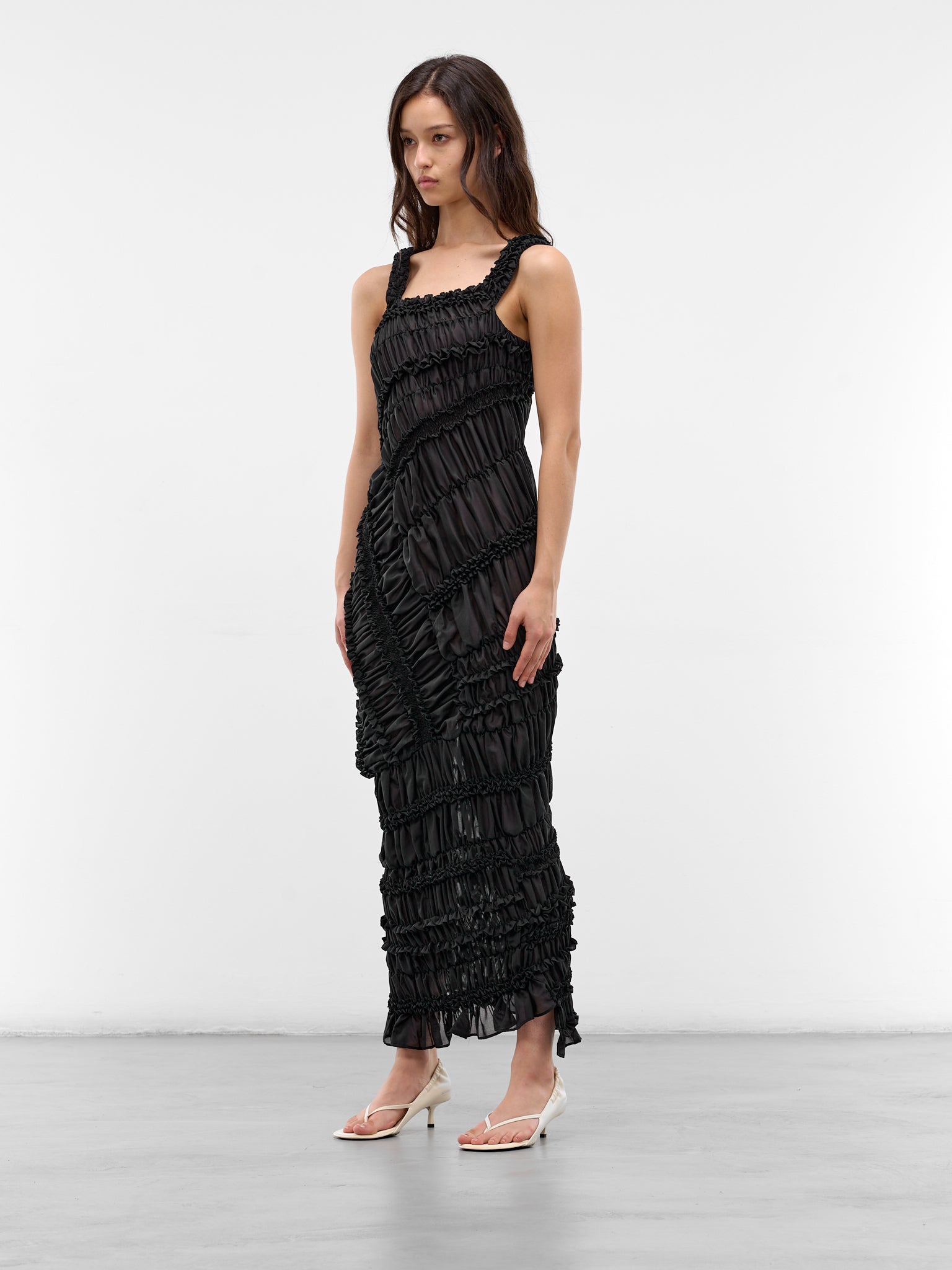 Black Cotton Ruffle Ruching Dress (DRESS25-BLACK)