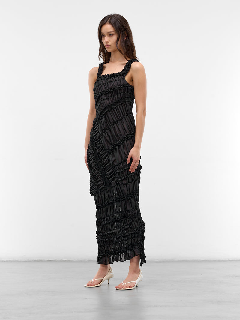 Black Cotton Ruffle Ruching Dress (DRESS25-BLACK)