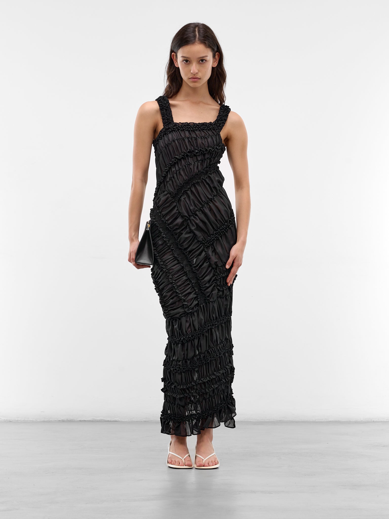 Black Cotton Ruffle Ruching Dress (DRESS25-BLACK)