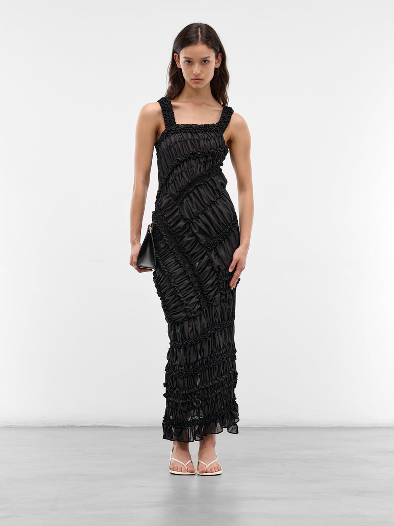 Black Cotton Ruffle Ruching Dress (DRESS25-BLACK)