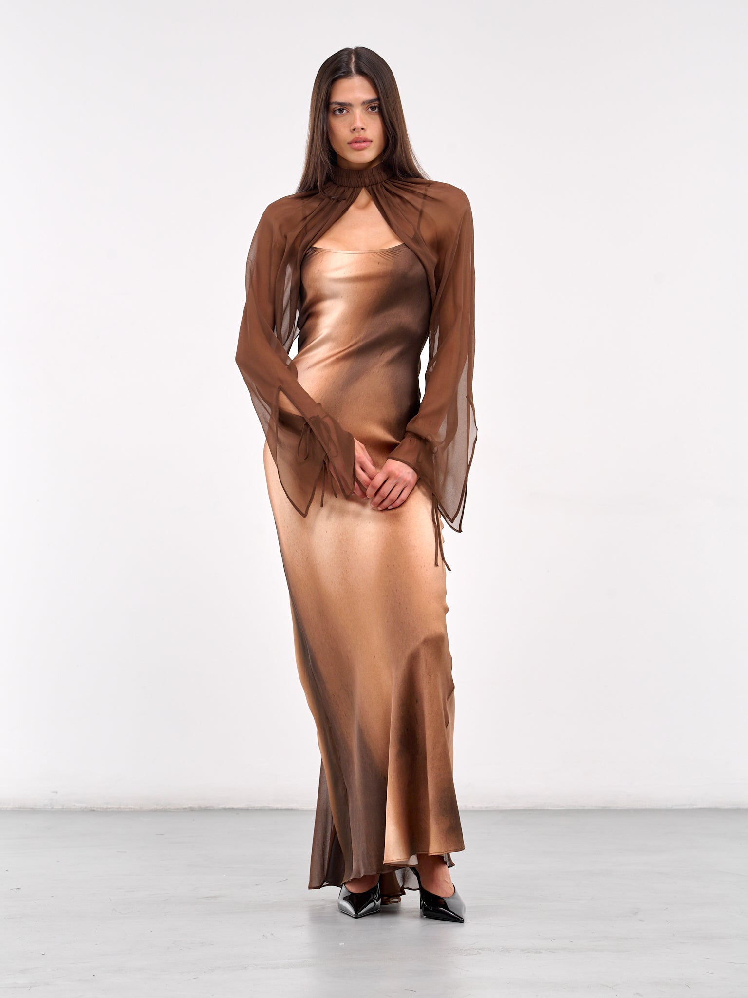 Printed Silk Maxi Dress (DS02P2BR041-BROWN-WHITE-PRINT)