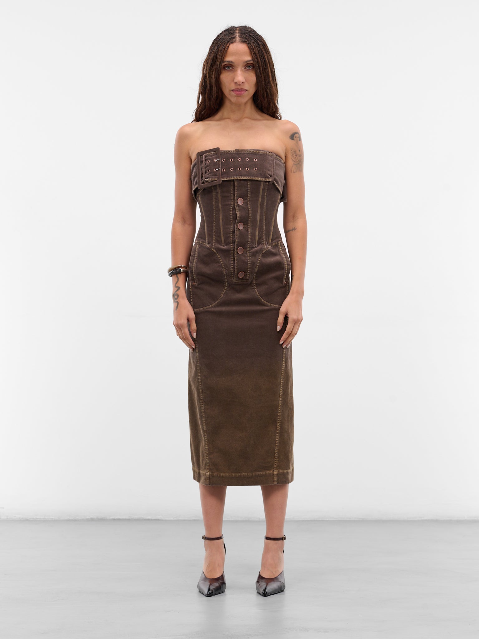 OUDE WAAG | H.Lorenzo|Beige Retro Strapless Midi Dress (DS03C1GY840-GREIGE-YELLOW), M / GREIGE OUDE WAAG | H.Lorenzo|Beige Retro Strapless Midi Dress (DS03C1GY840-GREIGE-YELLOW), M / GREIGE