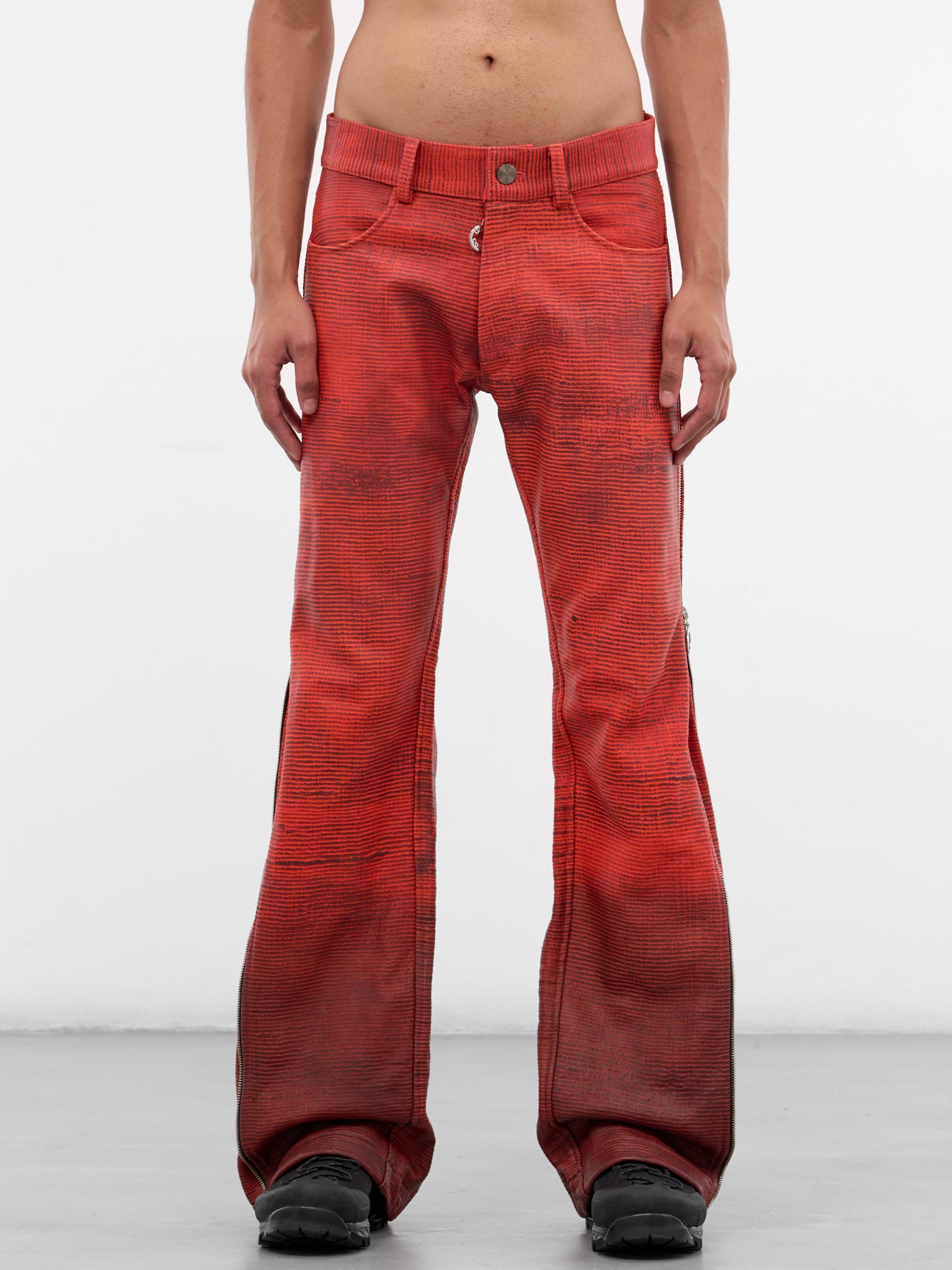 Silk Bonded Leather Zip Flare Trousers (ECCO-ADJZIPTRS-RED-BROWN)