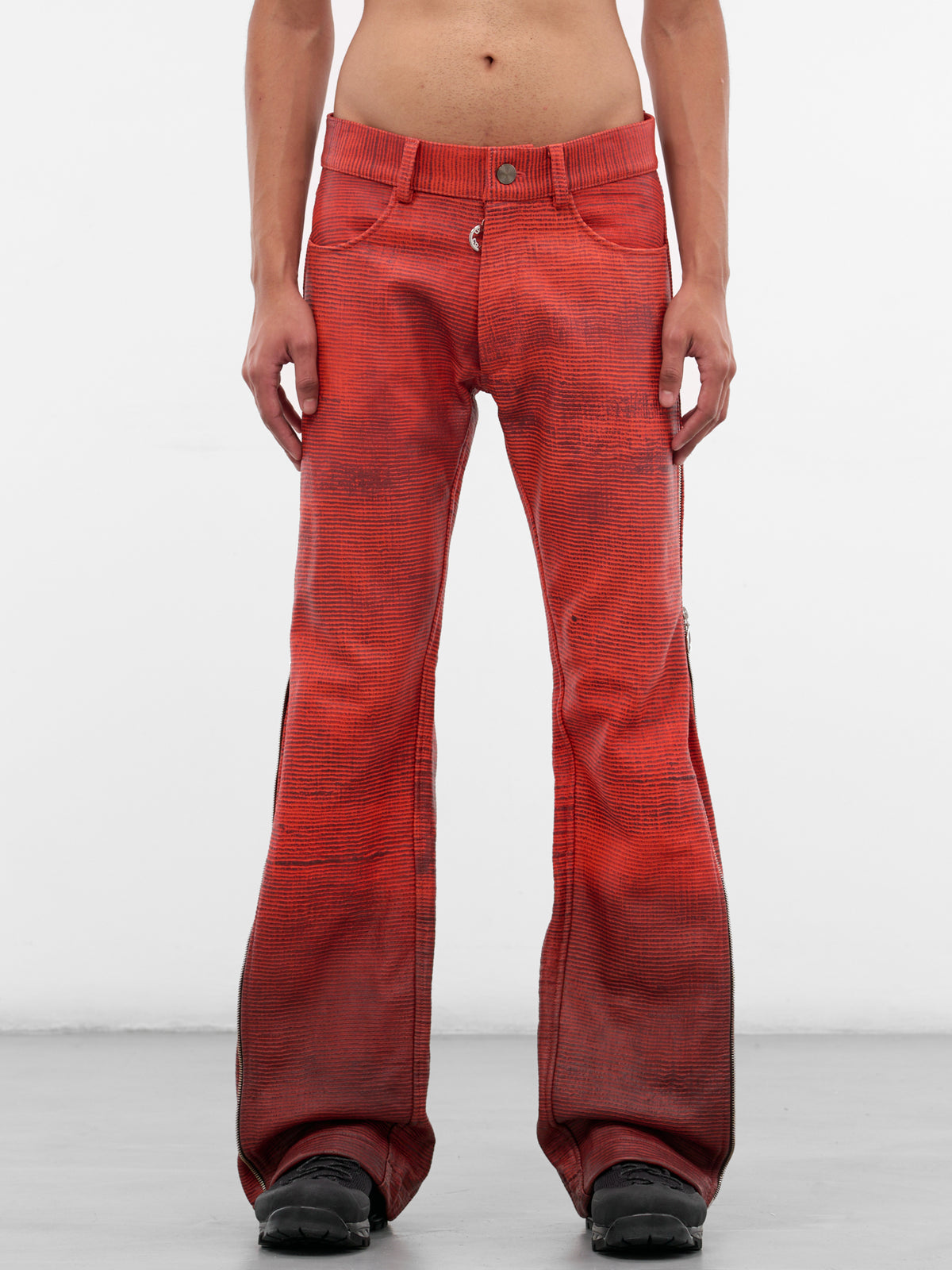Silk Bonded Leather Zip Flare Trousers (ECCO-ADJZIPTRS-RED-BROWN)