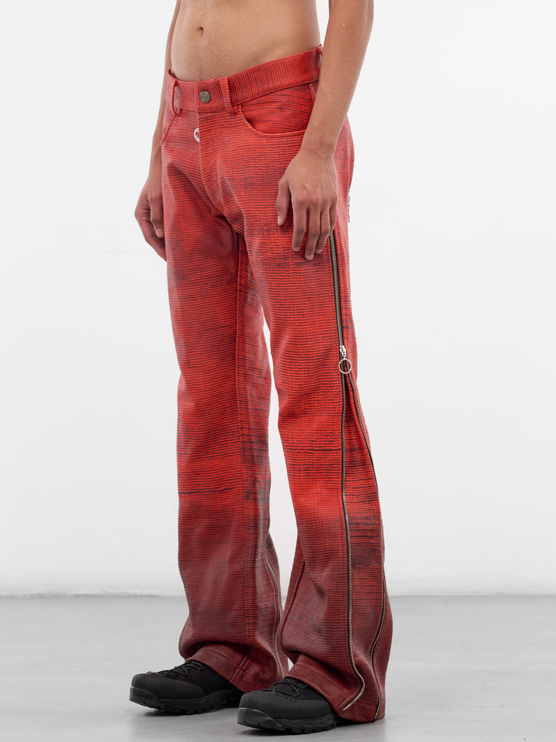 Silk Bonded Leather Zip Flare Trousers (ECCO-ADJZIPTRS-RED-BROWN)