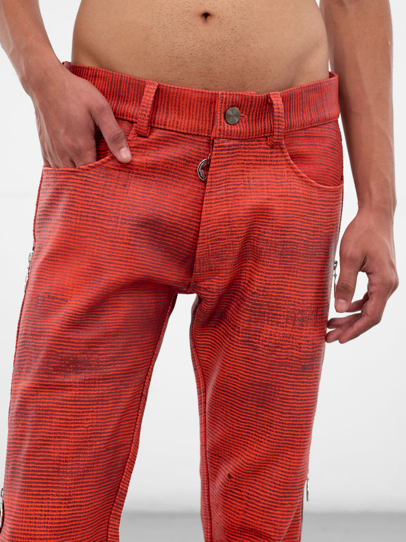 Silk Bonded Leather Zip Flare Trousers (ECCO-ADJZIPTRS-RED-BROWN)