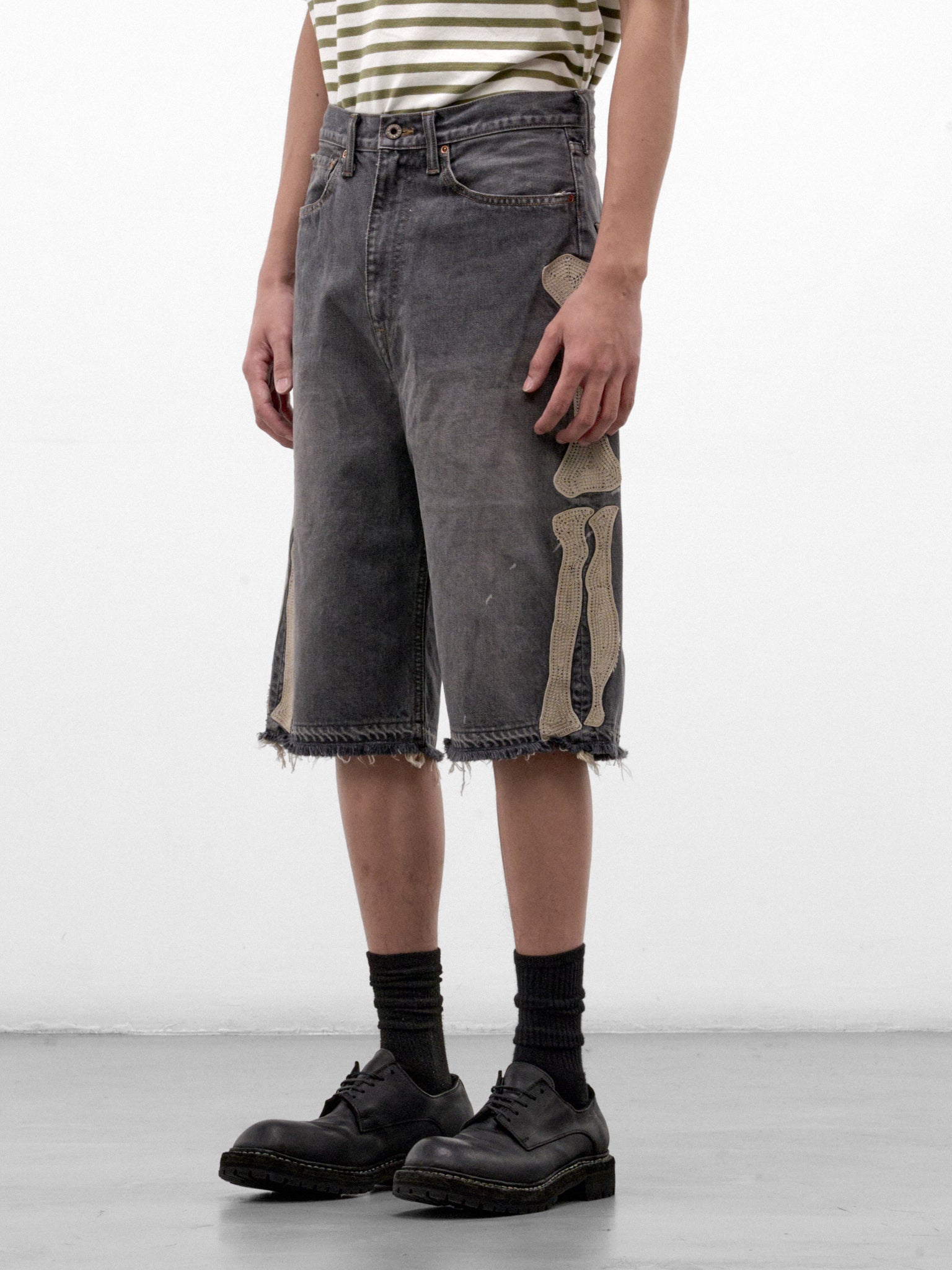Black Bone Embroidered Denim Shorts (EK-1449-SPA-PRO-BLACK)