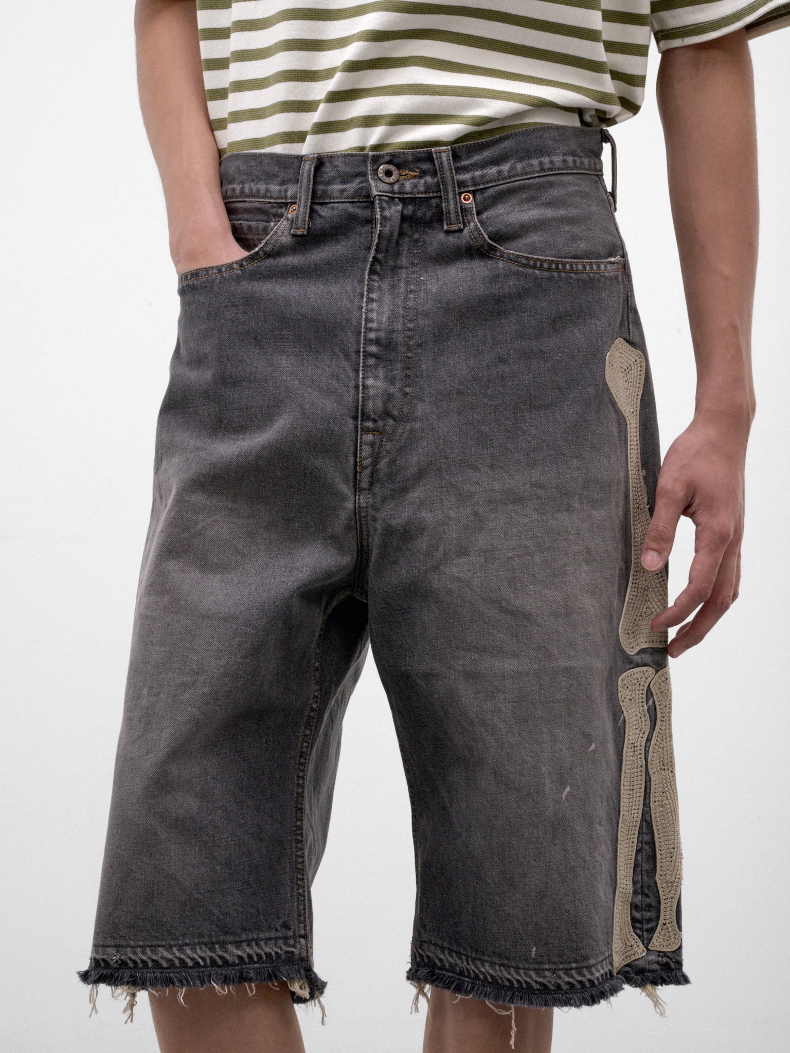 Black Bone Embroidered Denim Shorts (EK-1449-SPA-PRO-BLACK)