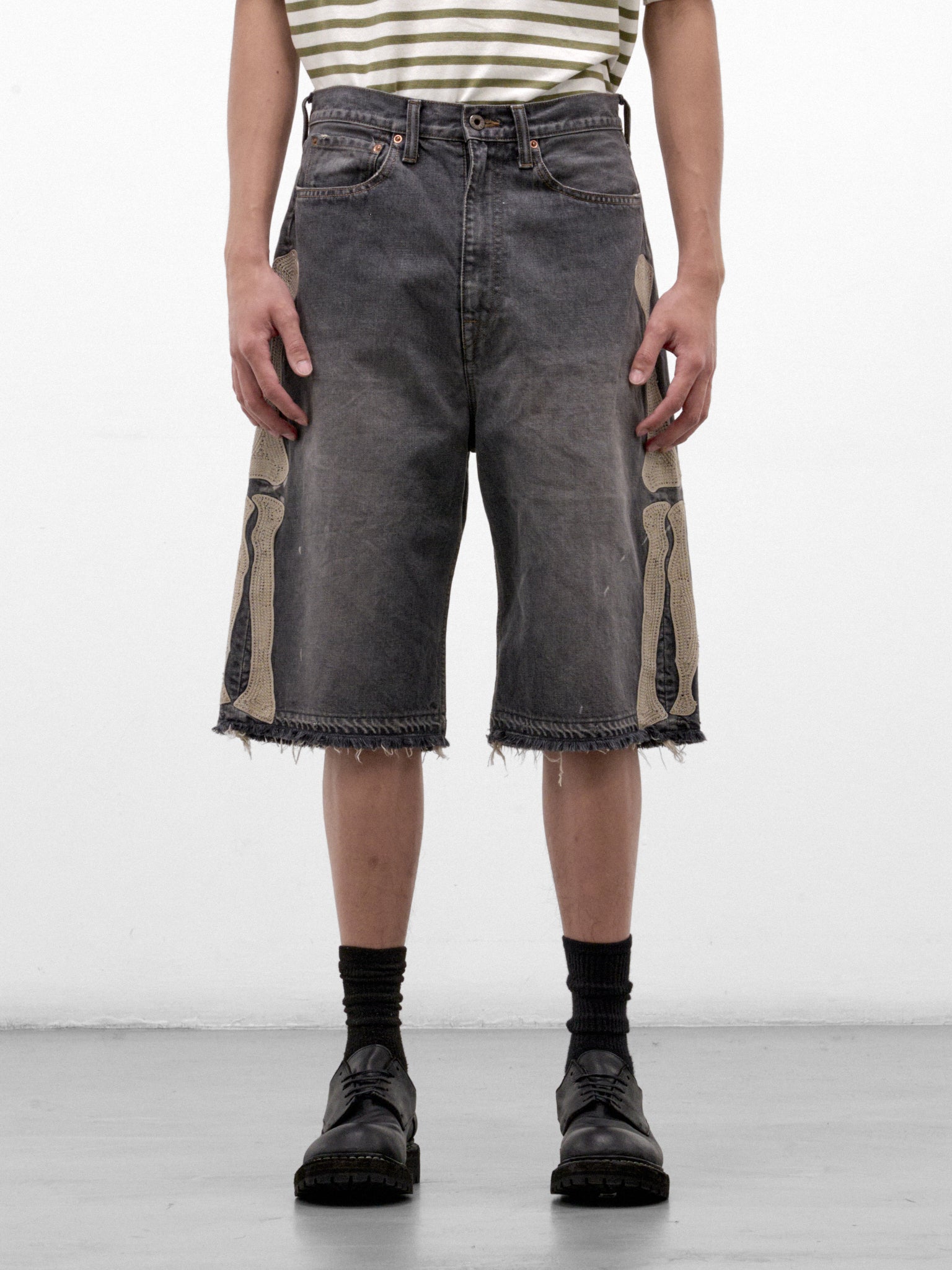 Black Bone Embroidered Denim Shorts (EK-1449-SPA-PRO-BLACK)