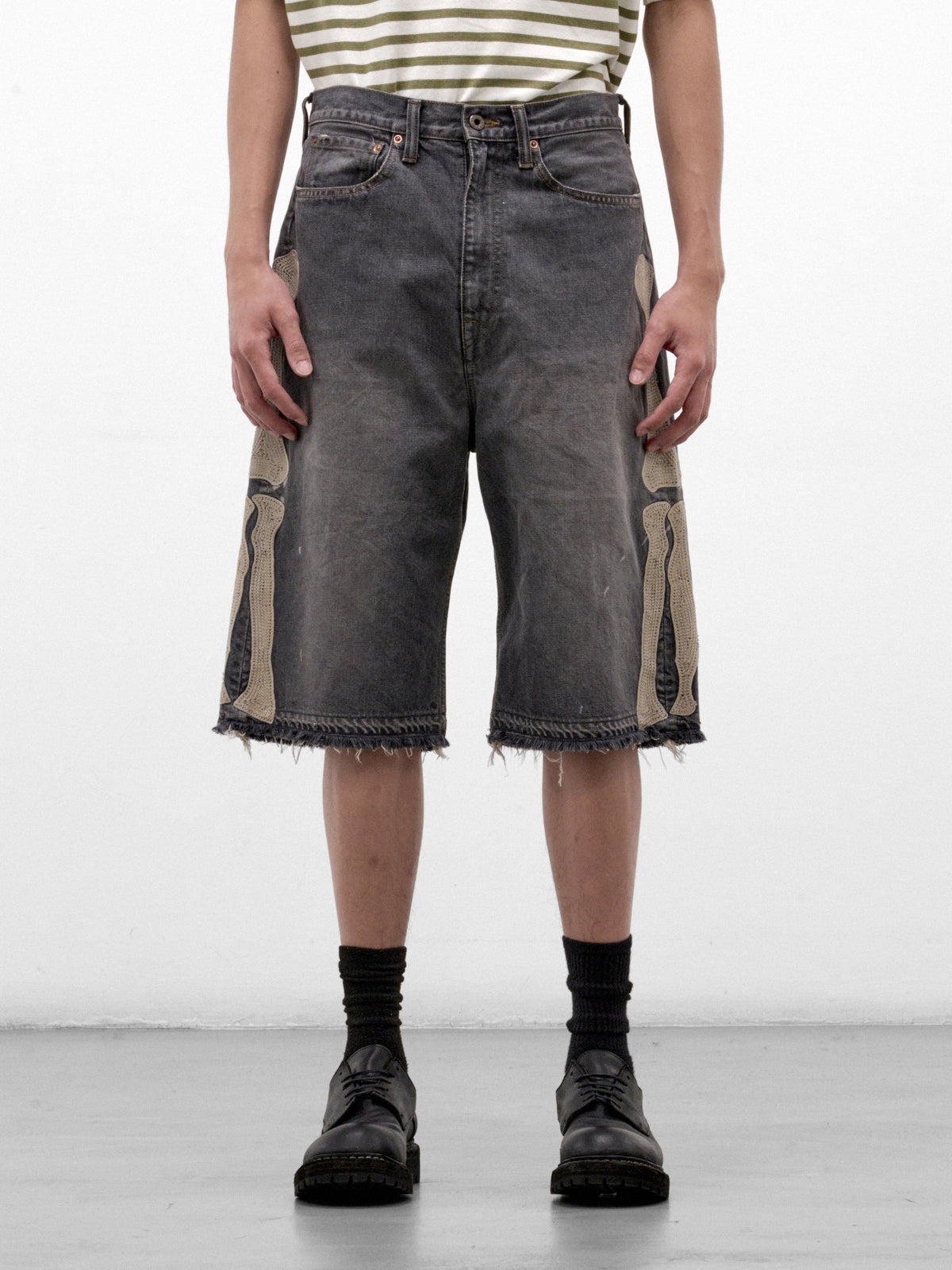 Black Bone Embroidered Denim Shorts (EK-1449-SPA-PRO-BLACK)