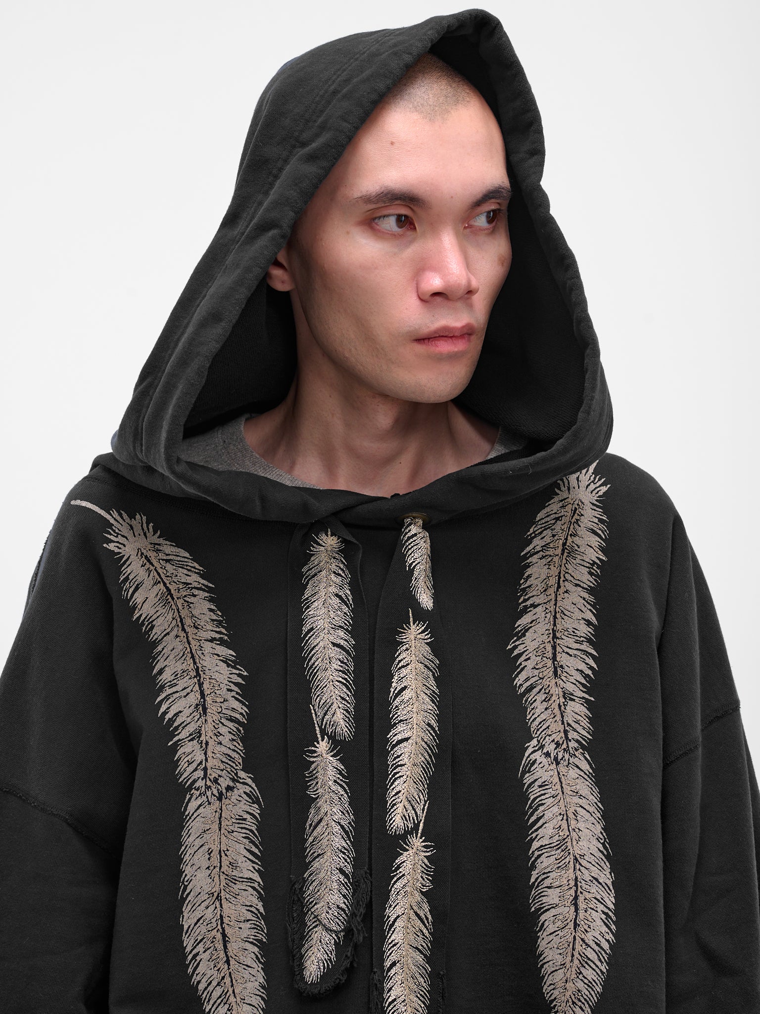 Black Feather Drawstring Catfish Hoodie (EK-1737LC-BLK-BLACK)