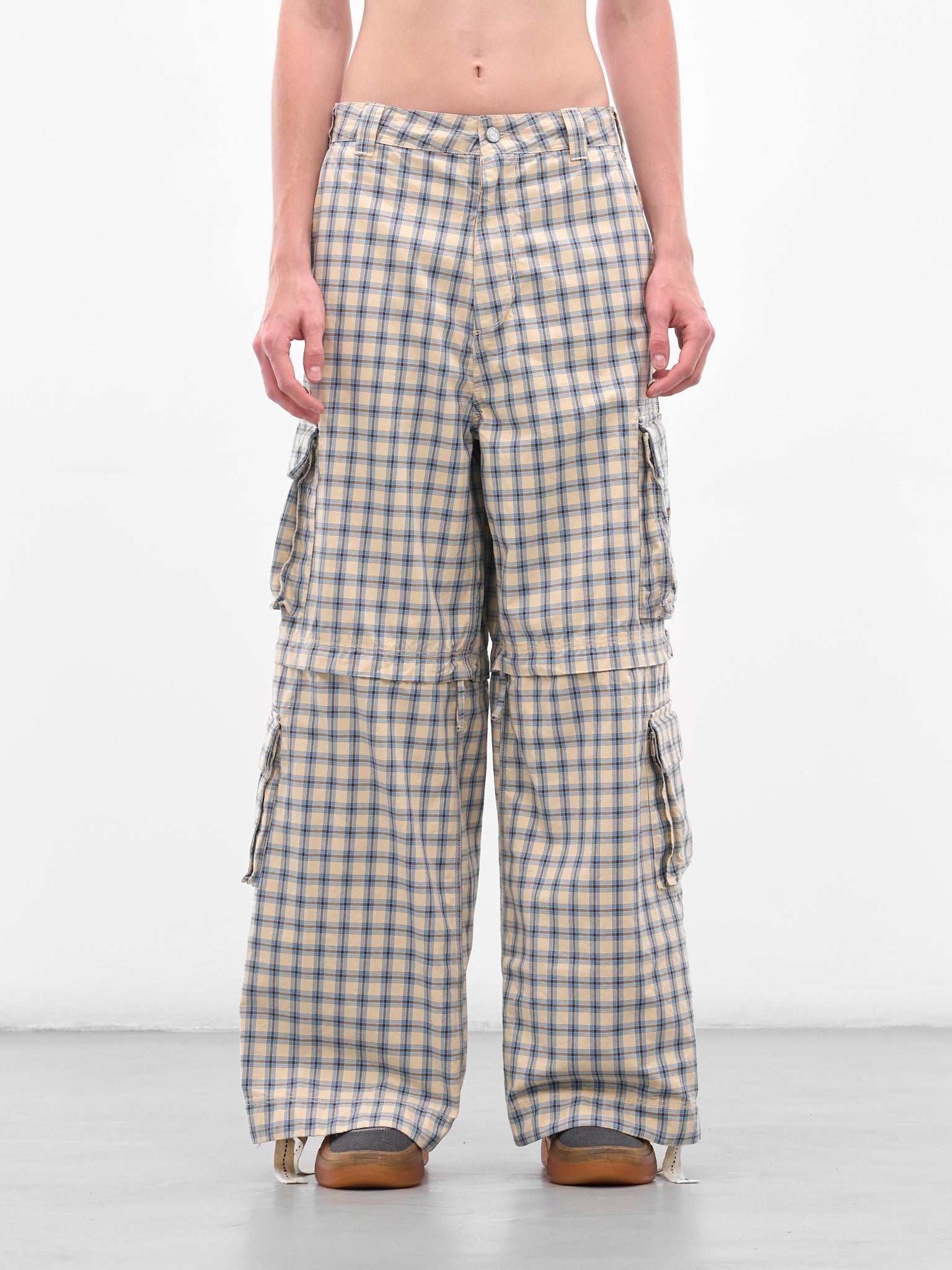 Plaid Zip Panel Cargo Pants (ERL11P007-BEIGE-BLUE)