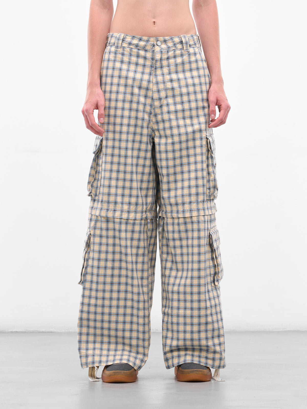 Plaid Zip Panel Cargo Pants (ERL11P007-BEIGE-BLUE)