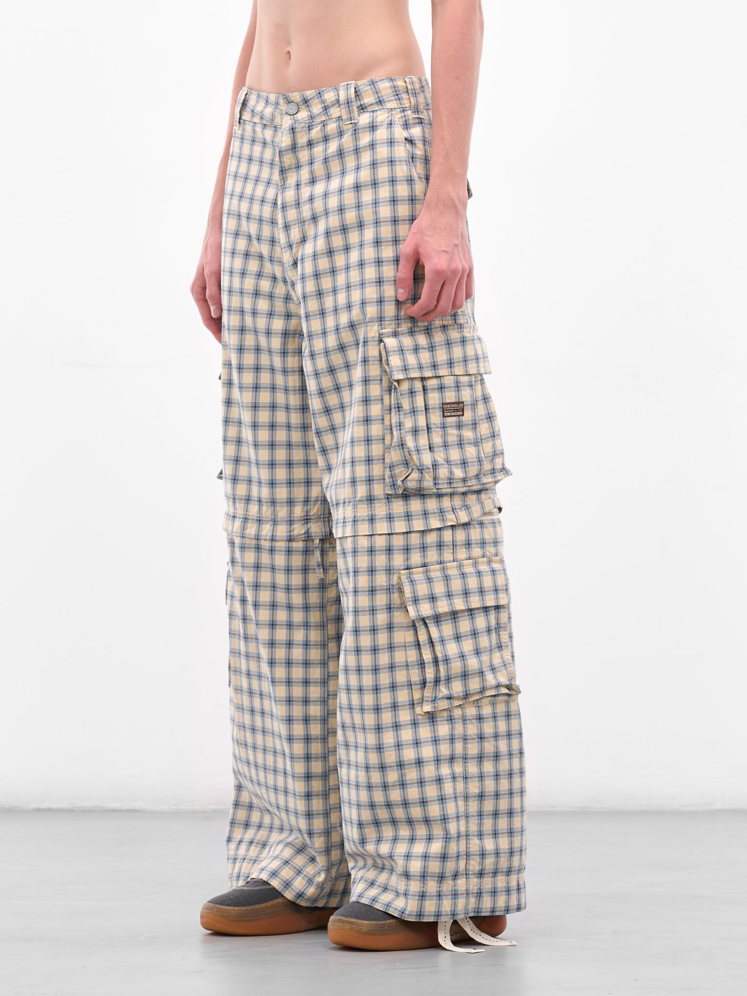 Plaid Zip Panel Cargo Pants (ERL11P007-BEIGE-BLUE)