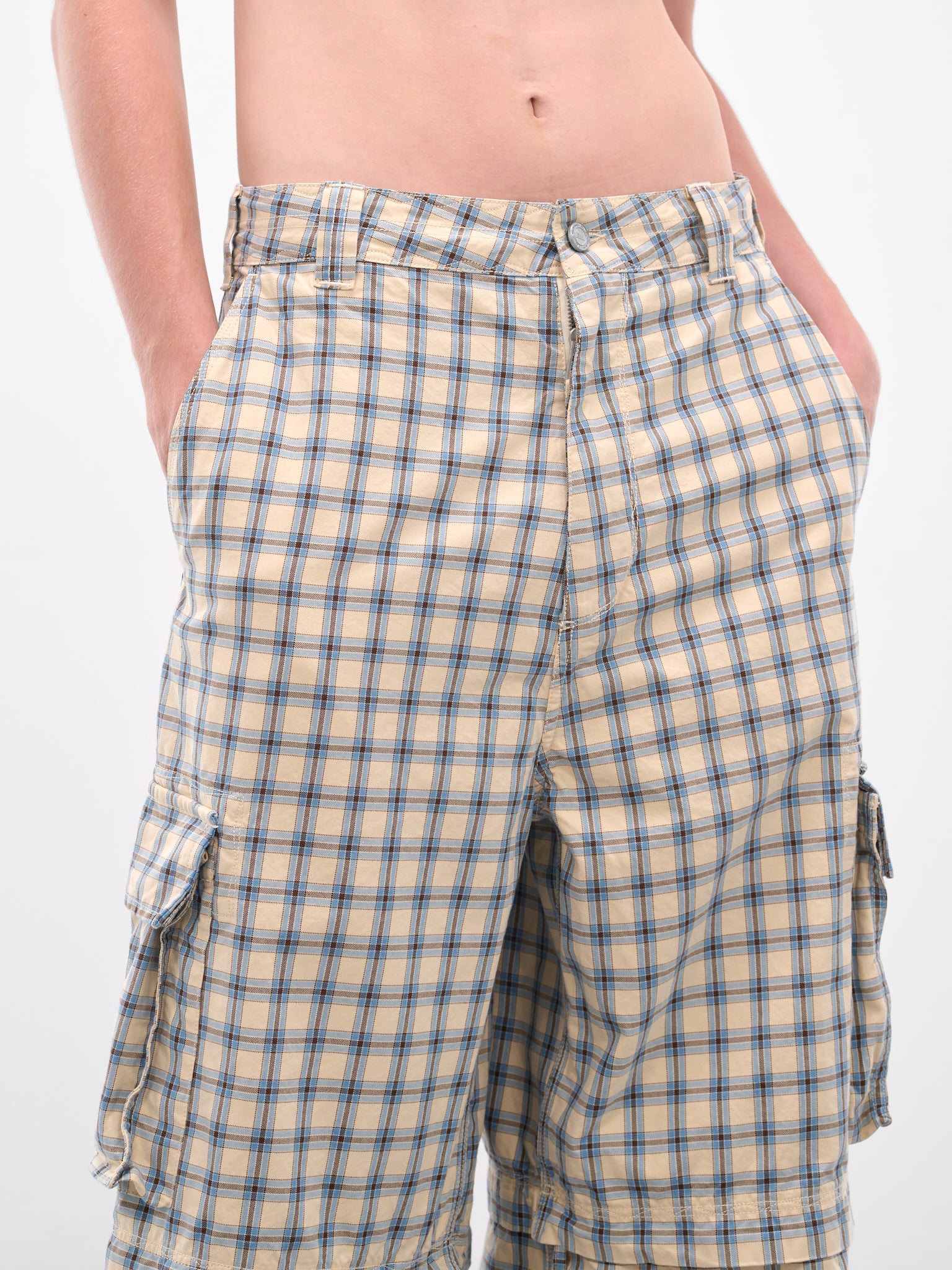 Plaid Zip Panel Cargo Pants (ERL11P007-BEIGE-BLUE)