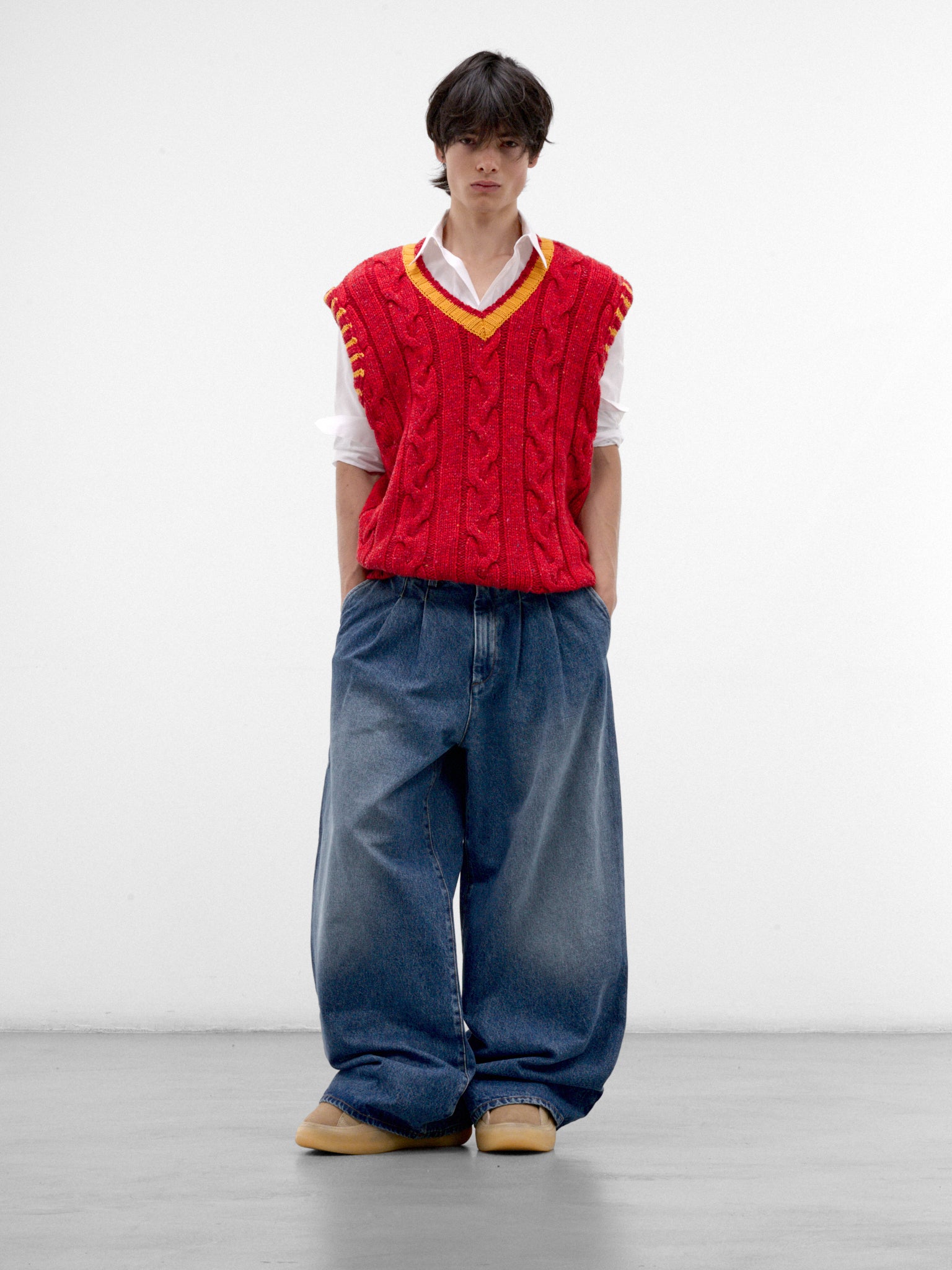 Red Wool Cable-Knit Vest (ERL13N013-1-RED)
