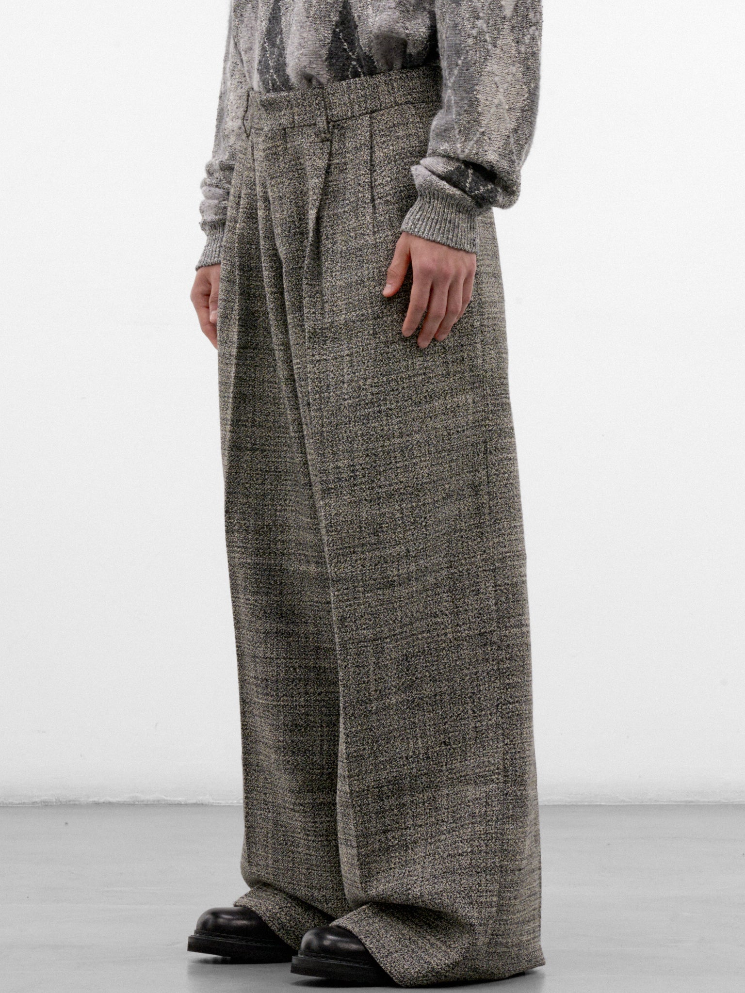 Gray Wool Tweed Wide Trousers (ERL13P011-1-BLACK-WHITE)