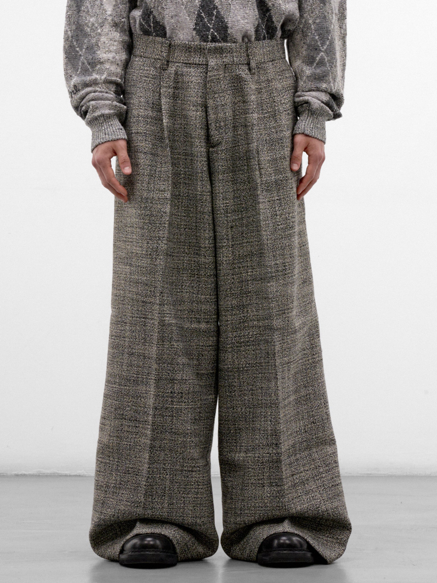 Gray Wool Tweed Wide Trousers (ERL13P011-1-BLACK-WHITE)