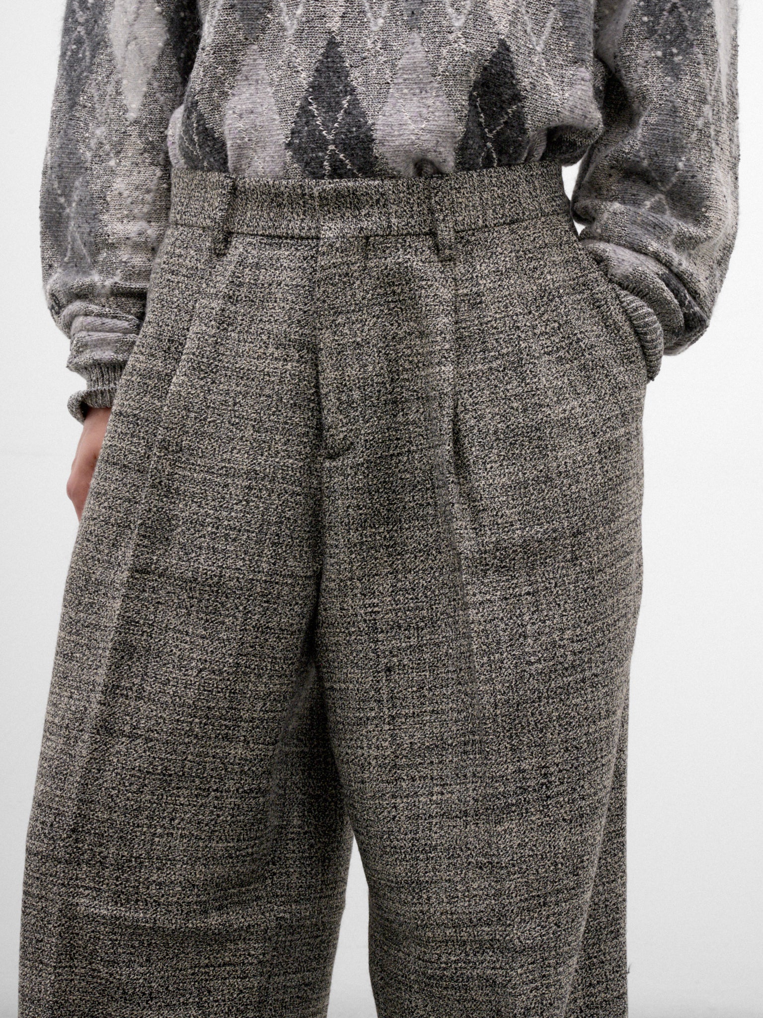 Gray Wool Tweed Wide Trousers (ERL13P011-1-BLACK-WHITE)