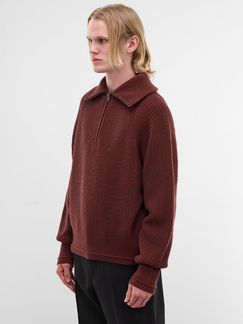 Bean Wool Rib-Knit Quarter Zip (ESSS26TO01073-BEAN)
