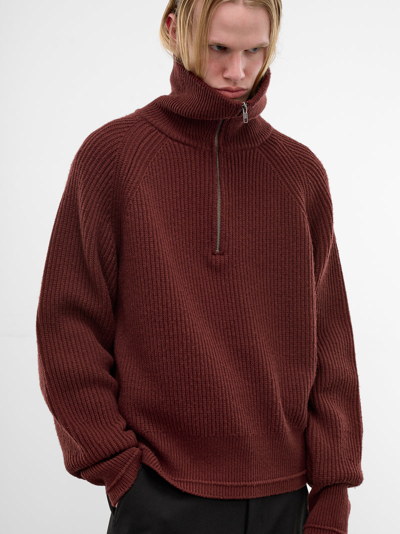 Bean Wool Rib-Knit Quarter Zip (ESSS26TO01073-BEAN)
